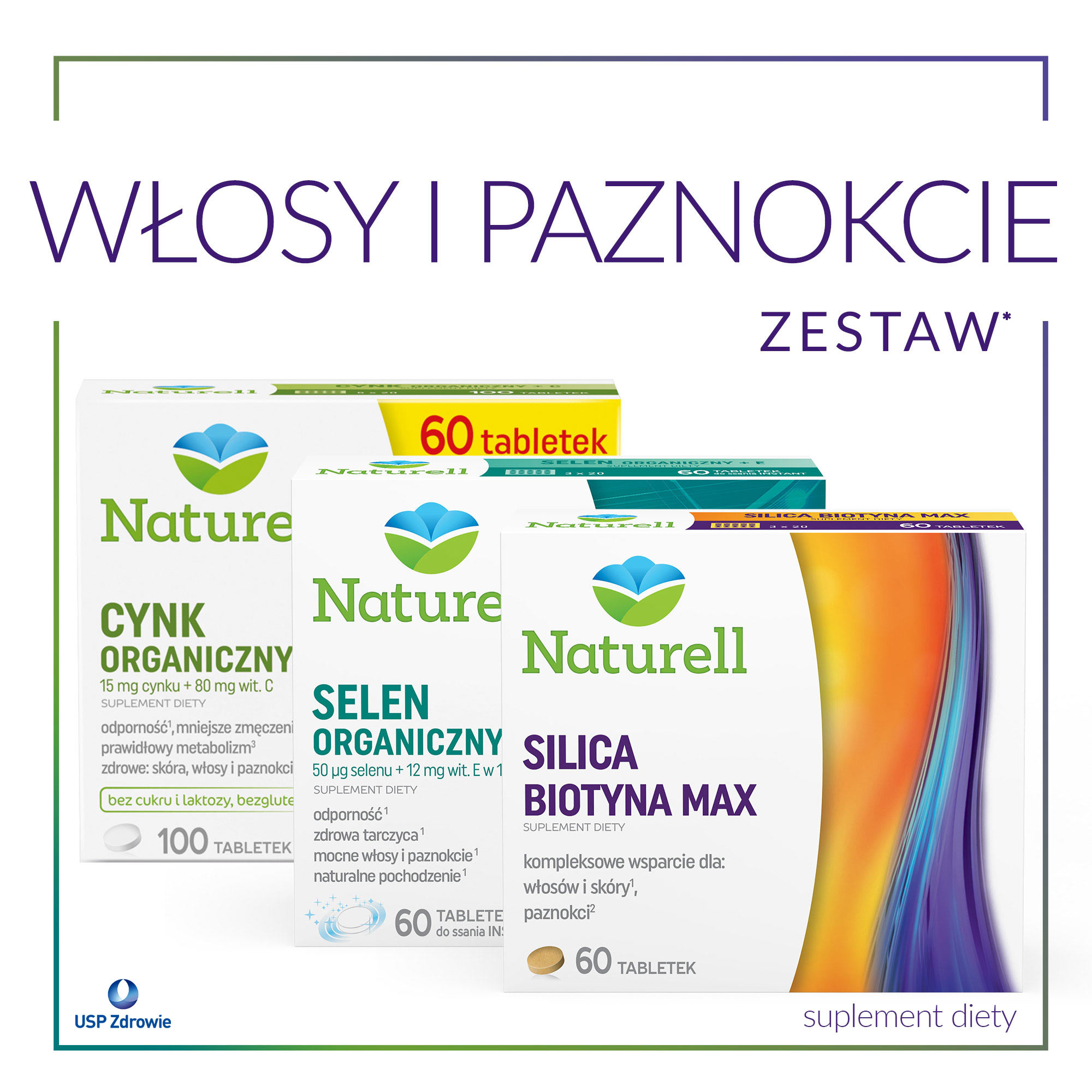 Naturell zestaw włosy i paznokcie: cynk organiczny + c, 100 tabletek + selen organiczny + e, 60 tabletek do ssania, + silica biotyna max, 60 tabletek