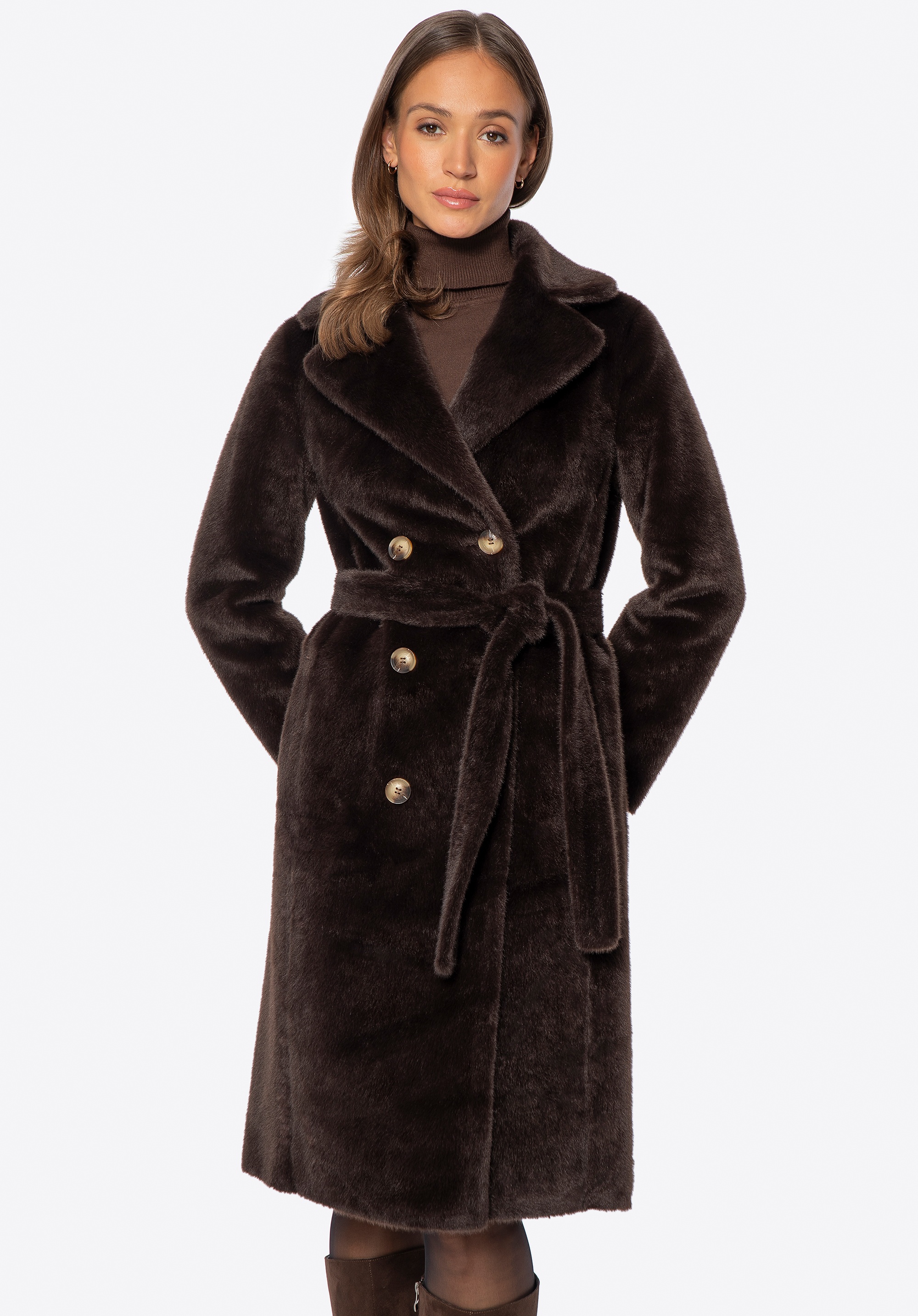 Dwustronny damski płaszcz z wiązaniem ciemny brąz