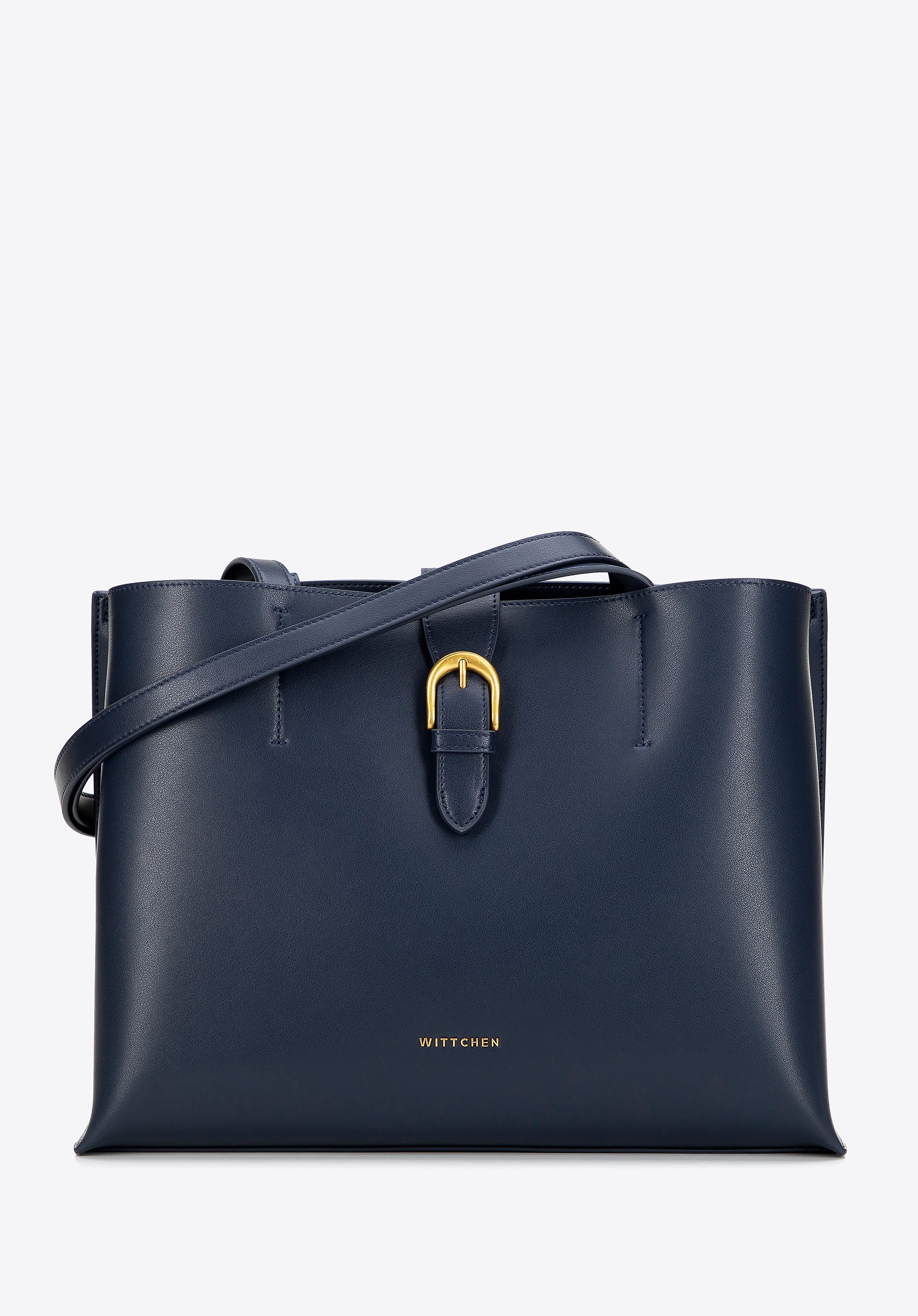 Skórzana shopperka z dekoracyjnym zapięciem granatowa