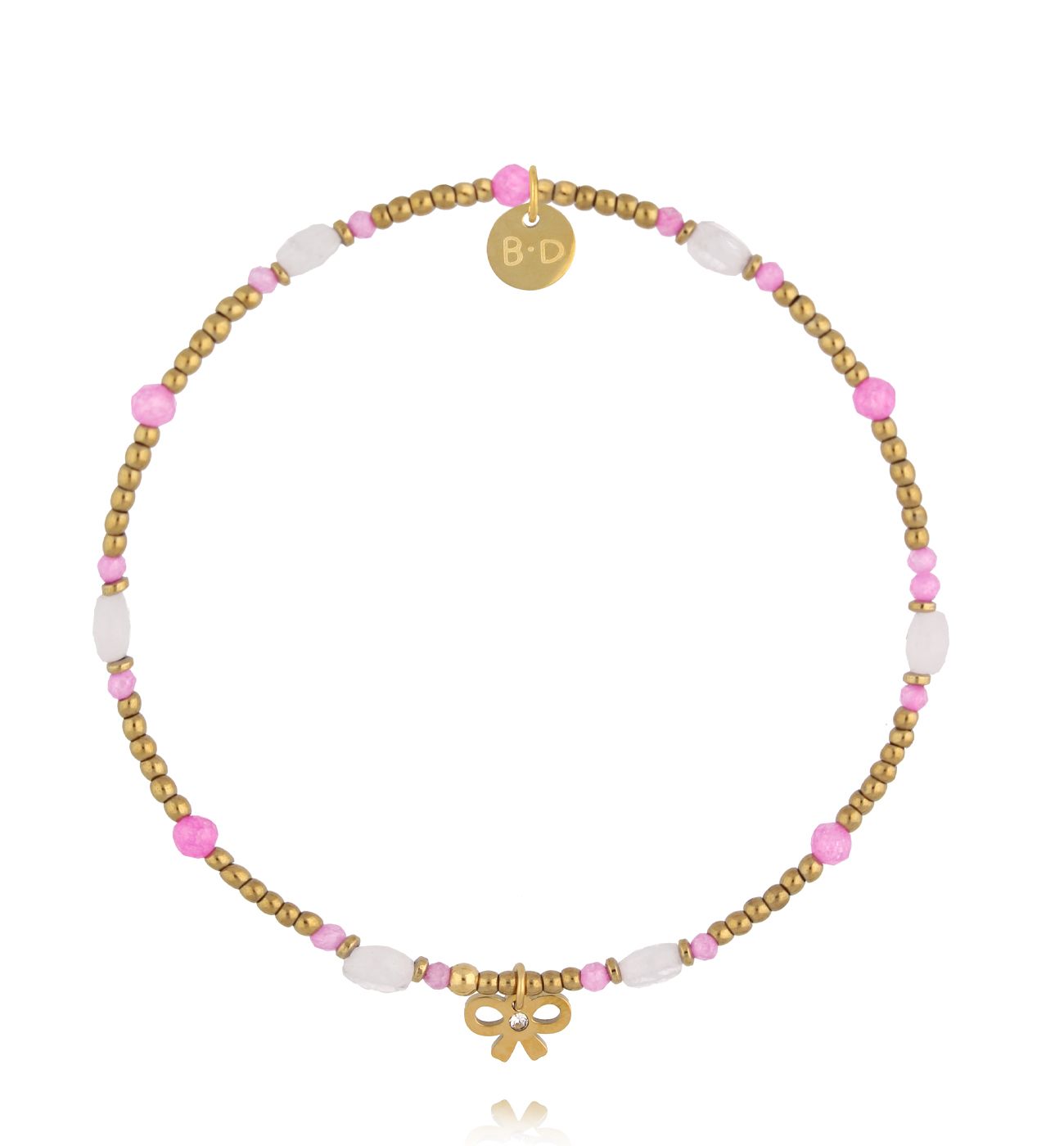 Bransoletka z różowym kwarcem i złotą kokardką - By Dziubeka