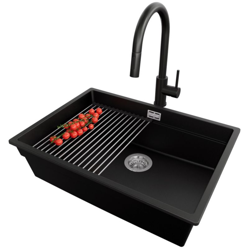 Zlewozmywak podblatowy Praga PRIMAGRAN 66x47cm do szafki od 70cm, Czarny + Bateria + Syfon + Zwijany ociekacz, S449, 1 szt.