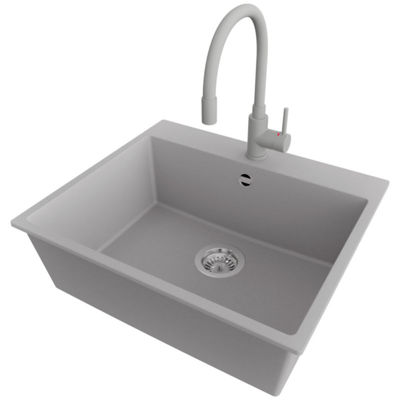 Zlewozmywak Granitowy Ryga PRIMAGRAN Nablatowy 58x50cm do szafki od 60cm, Szary + Bateria 38x14cm + Syfon, S335, 1 szt.