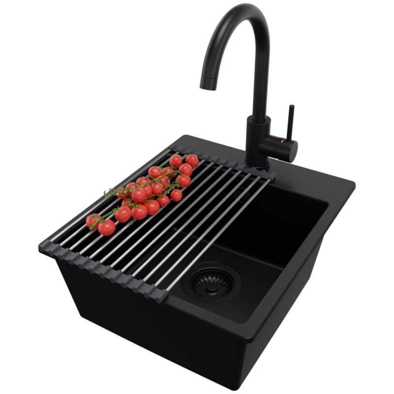 Zlewozmywak Granitowy Ryga Easy PRIMAGRAN Nablatowy 38x44cm do szafki od 40cm z Syfonem i Baterią i Dodatkiem Cały Czarny 1 szt.