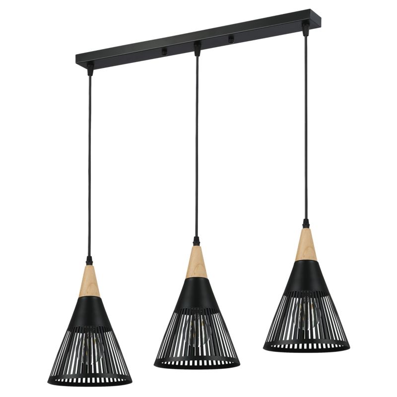 Lampa wisząca sufitowa MasterLED Hira 3-punktowa E27 stożek 105 cm IP20 czarna z drewnem 1 szt.