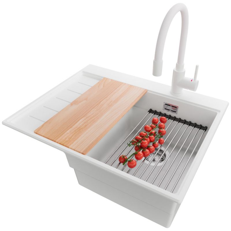 Zlewozmywak Granitowy Sydney PRIMAGRAN Nablatowy 62x50cm do szafki od 40cm, Biały + Bateria + Syfon + Akcesoria, S039, 1 szt.