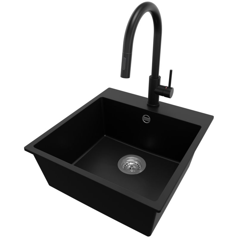 Zlewozmywak Granitowy Ryga PRIMAGRAN Nablatowy 48x50cm do szafki od 50cm, Czarny + Bateria 40x20cm + Syfon, S233, 1 szt.