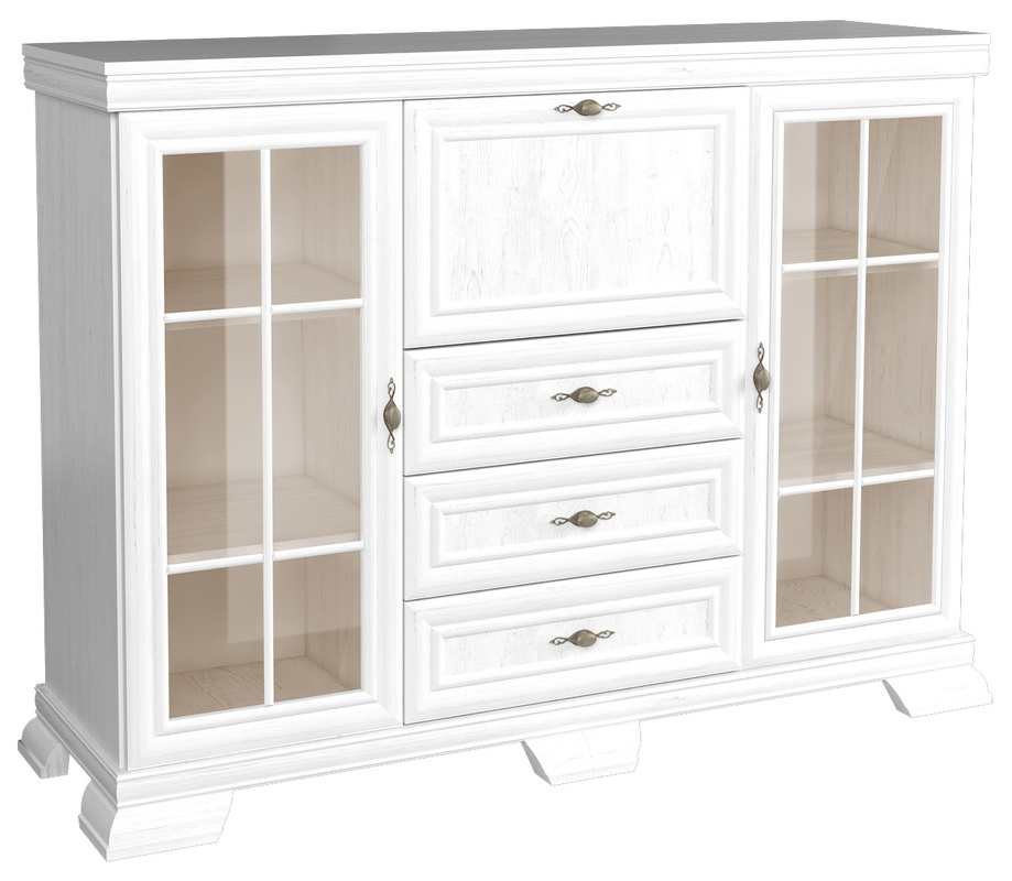 Biała komoda z przeszklonymi frontami KOLONIA