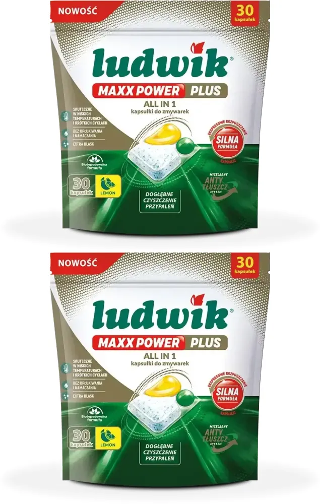 2x Kapsułki do zmywarek Ludwik Maxx Power Plus All in One, lemon, 495g, 30 sztuk