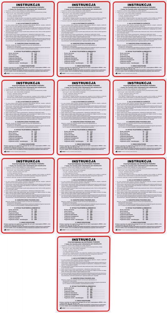 10x Tabliczka informacyjna Anro, "Instrukcja postępowania na wypadek pożaru"