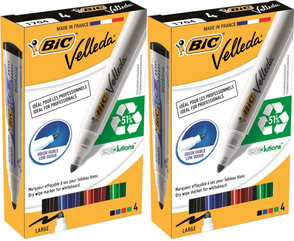 2x Marker suchościeralny Bic, Velleda, okrągła, 4 sztuki, 4.95mm, mix kolorów