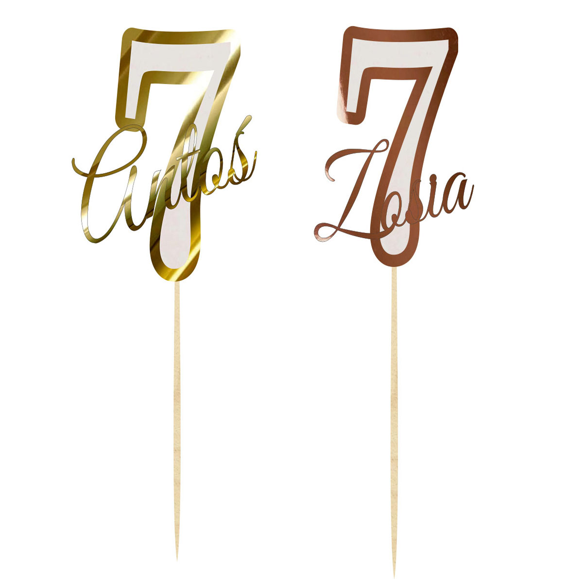 Topper urodzinowy cyferka liczba 7 z imieniem dekoracja na tort pik lustrzane złoto lub różowe złoto