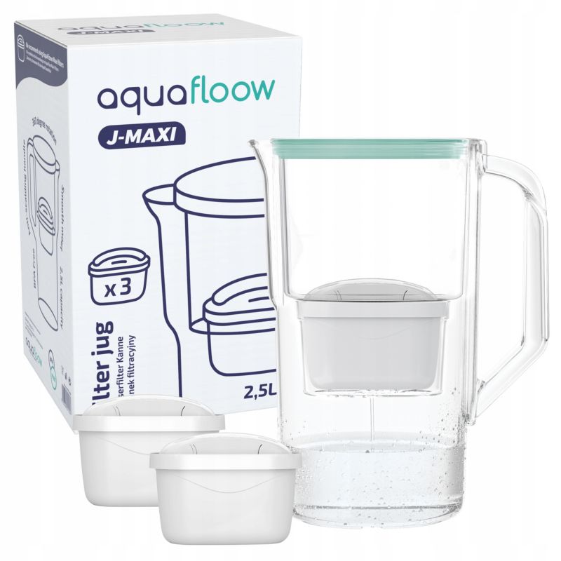 Dzbanek filtrujący wodę, AquaFloow J-MAXI, plastikowy, 2.5l, miętowy + 3x filtr wody AquaFloow Maxi, zestaw, 4szt