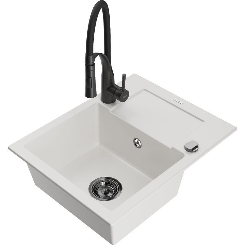 Zlewozmywak granitowy 1-komorowy Mexen Enzo z ociekaczem i baterią kuchenną Aster czarny - 6506-77-73450-57-B 1 szt.