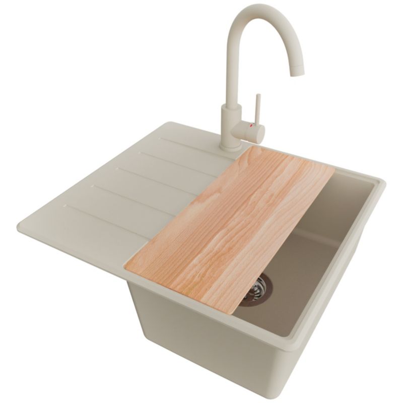 Zlewozmywak Granitowy Kopenhaga PRIMAGRAN Nablatowy 55x50cm do szafki od 40cm, Beżowy + Bateria + Syfon + Deska, S073, 1 szt.