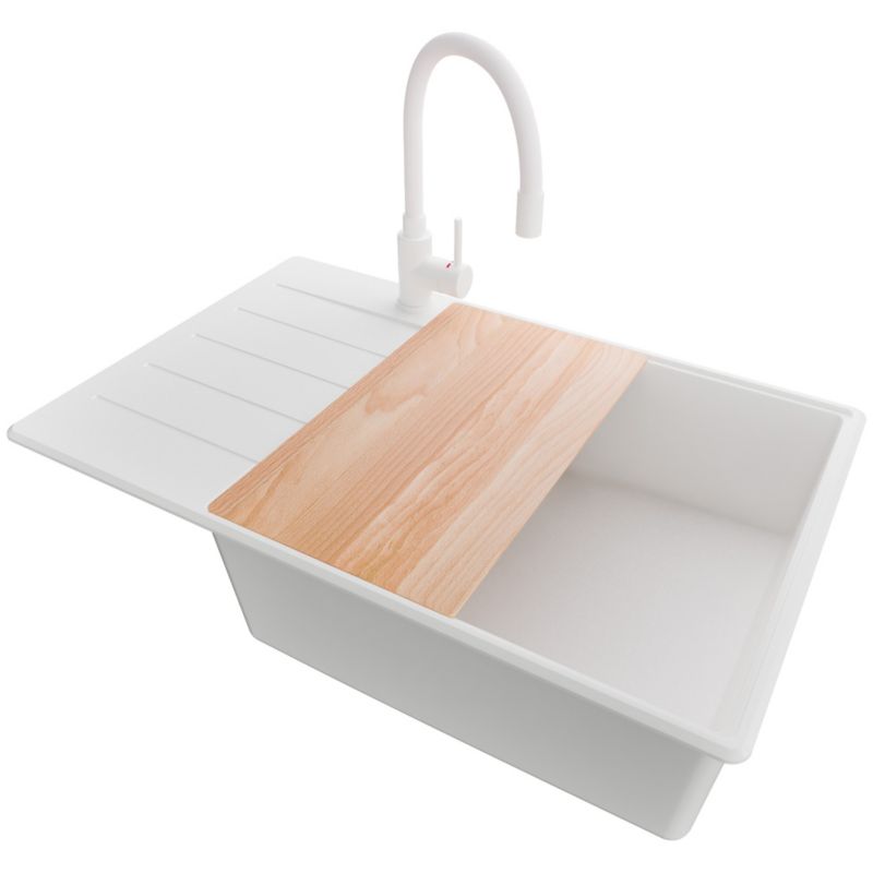 Zlewozmywak Granitowy Kopenhaga PRIMAGRAN Nablatowy 78x50cm do szafki od 60cm, Biały + Bateria + Syfon + Deska, S649, 1 szt.