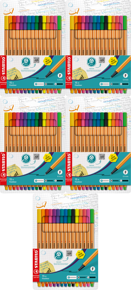 5x Cienkopis Stabilo, Point 88 8815, 0.4mm, 15 sztuk, mix kolorów