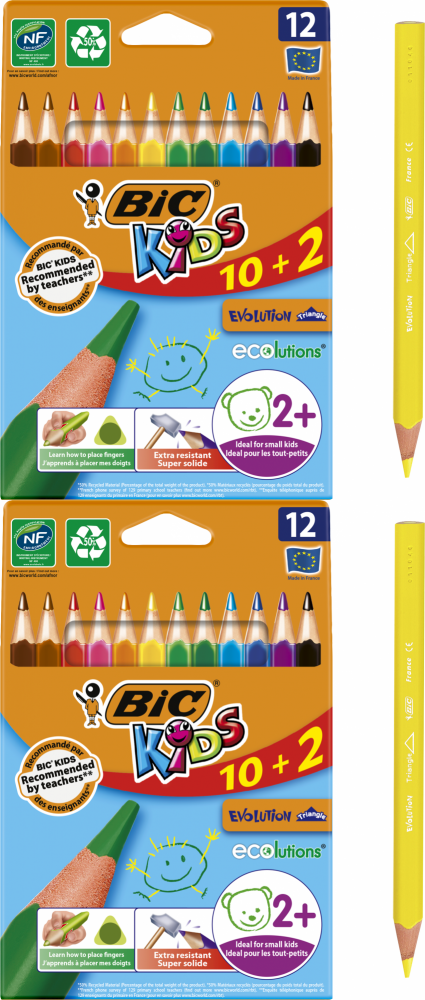 2x Kredki ołówkowe BIC Kids Evolution Triangle ECOlutions, 10+2 sztuki, mix kolorów