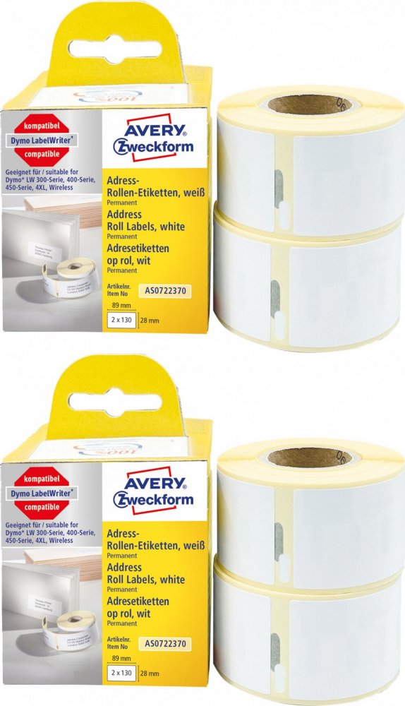 2x Etykiety adresowe do termodruku Avery Zweckform, 28x89mm, 260 etykiet, 2 rolki, biały