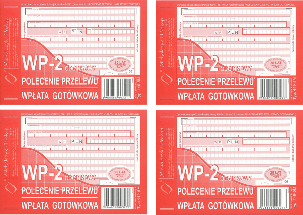 4x Druk akcydensowy Polecenie przelewu/wpłata gotówkowa MiP 449-5M, A6, 1 kopia, 80k