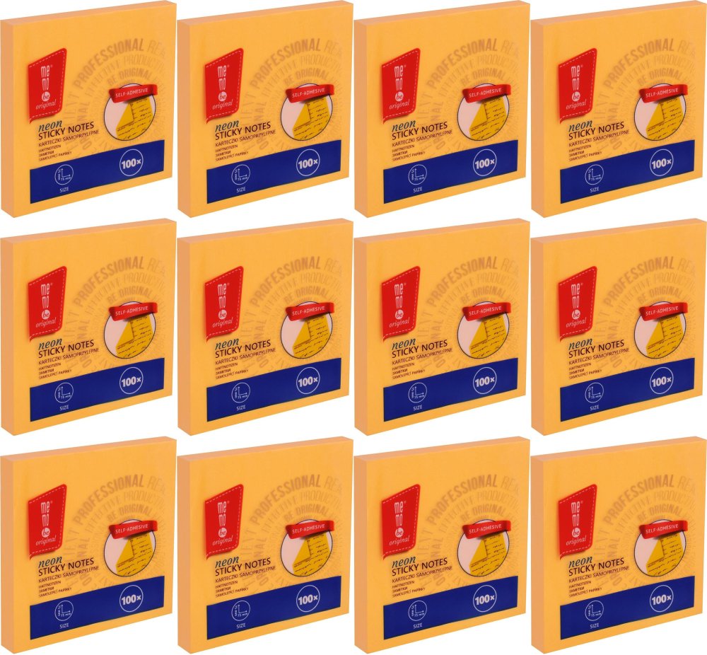 12x Karteczki samoprzylepne MemoBe, 75x75mm, 100 karteczek, neonowy pomarańczowy