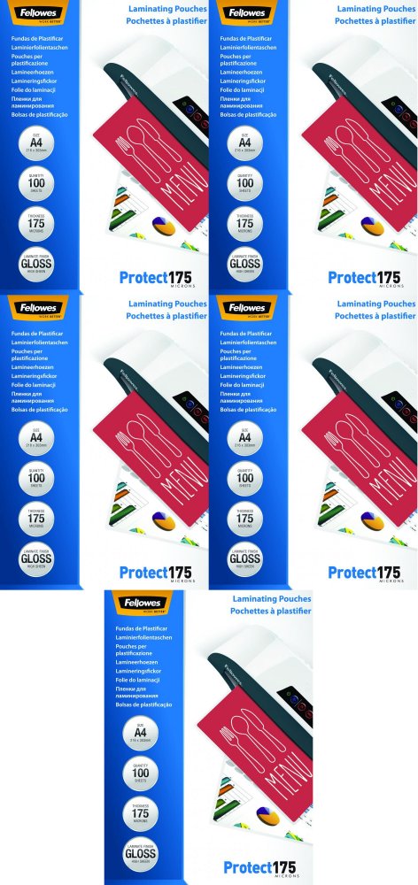 5x Folia do laminowania Fellowes, 216x303mm, A4, 2x175 μm, błyszcząca, 100 sztuk