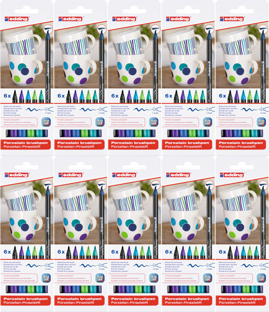 10x Pisak do powierzchni ceramicznych edding 4200, 1-4mm, 6 sztuk, mix kolorów zimnych