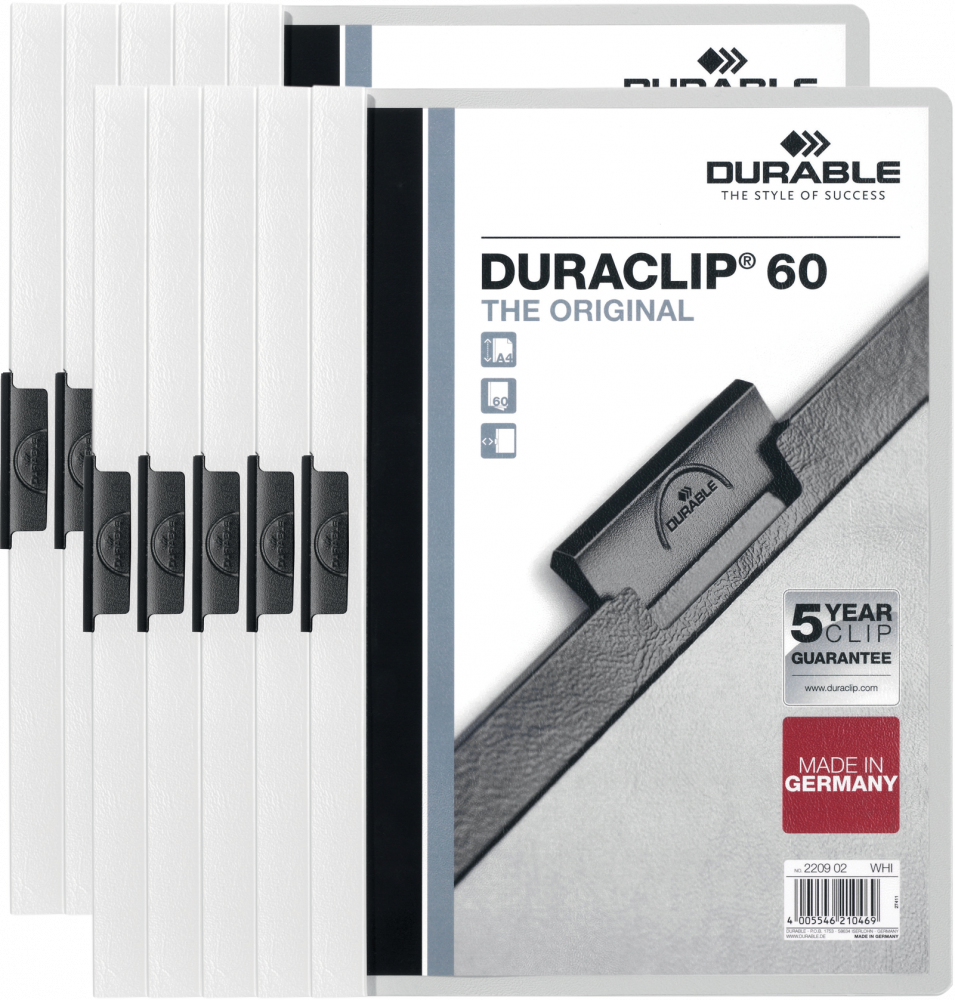 10x Skoroszyt plastikowy z klipsem Durable DuraClip, A4, do 60 kartek, biały