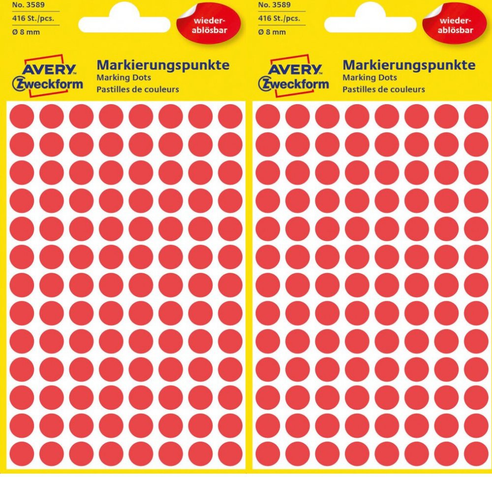 2x Etykiety usuwalne Avery Zweckform, okrągłe, średnica 8mm, 4 arkusze, 416 sztuk, czerwony
