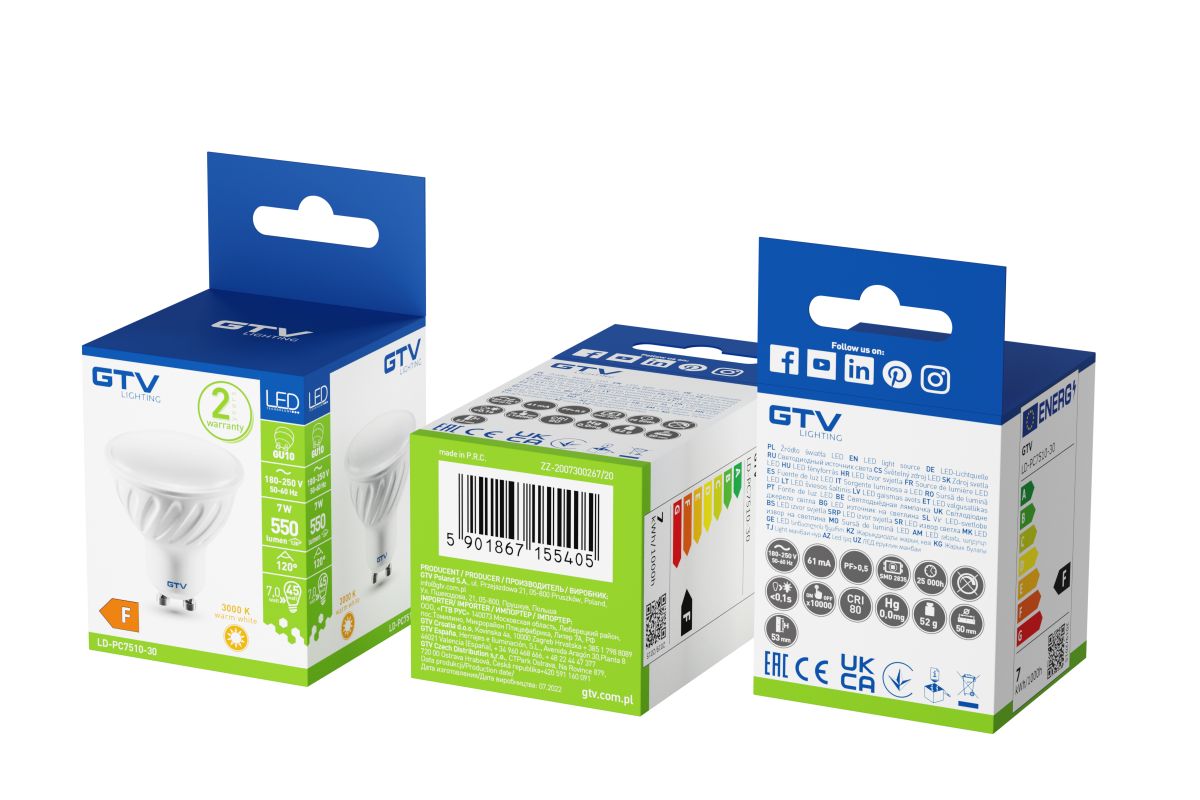 GTV żarówka LED 1x7 W 3000 K GU10 LD-PC7510-30 - Wysyłka w 24h