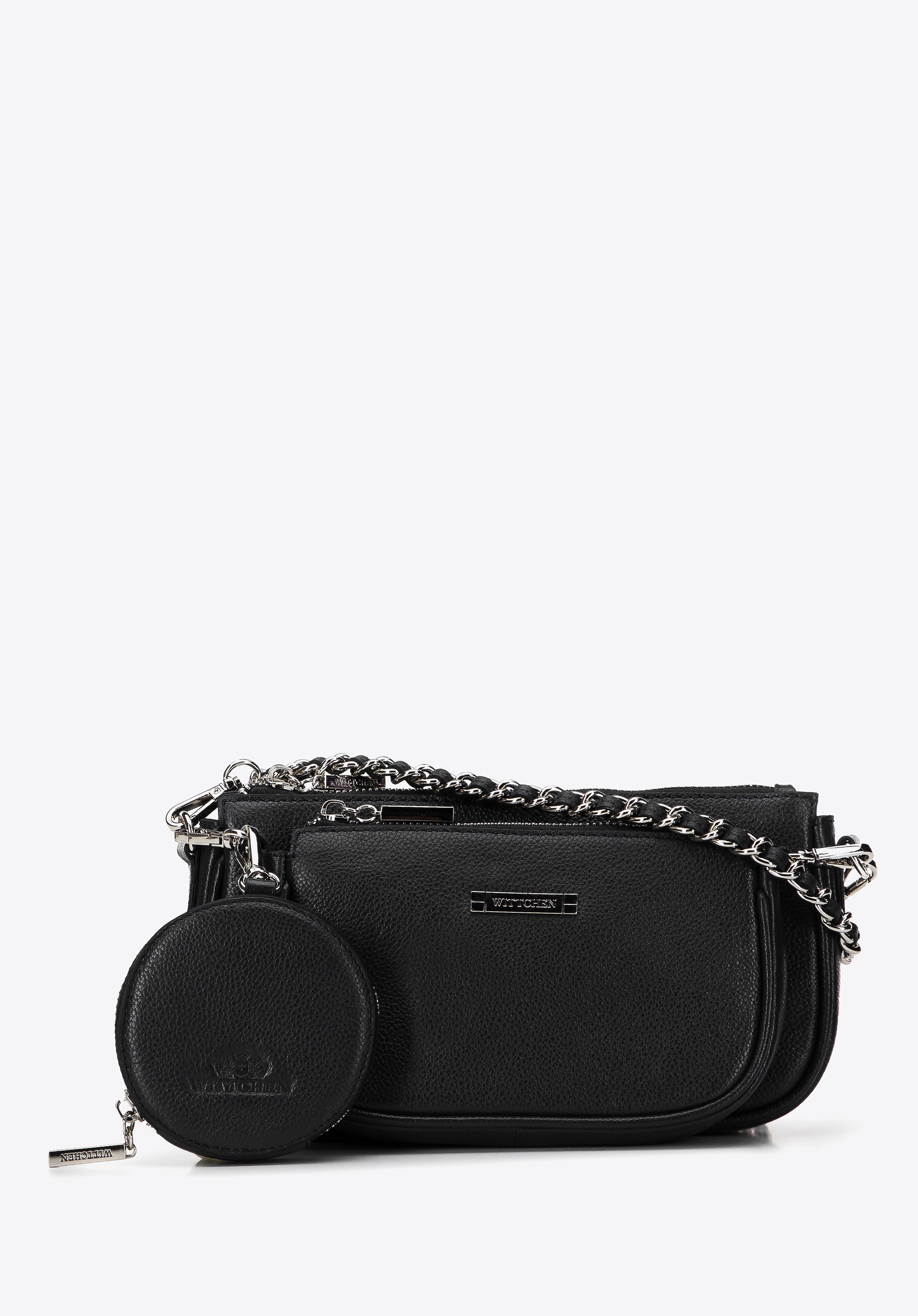 Damska torebka skórzana podwójna z etui na łańcuszku czarno-srebrna