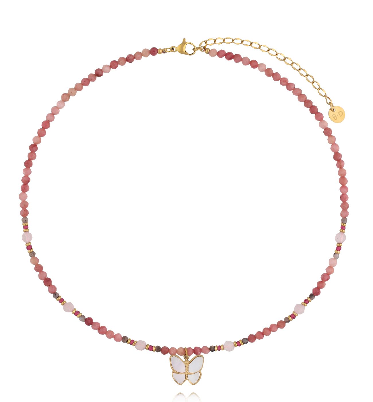 Naszyjnik z różowych kamieni naturalnych z motylkiem NTW1612