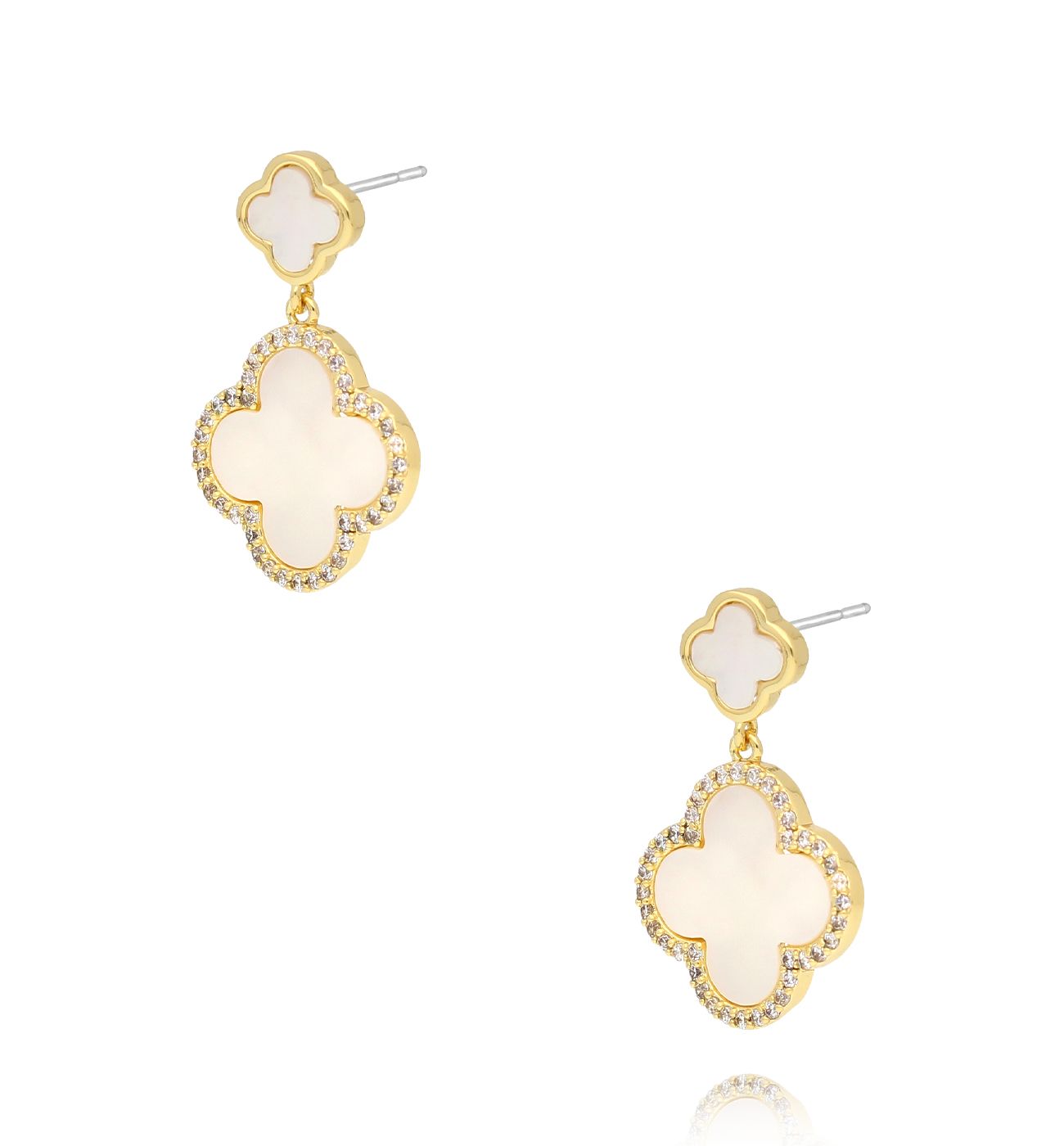 Kolczyki koniczynki złote z kryształkami i masą perłową - By Dziubeka