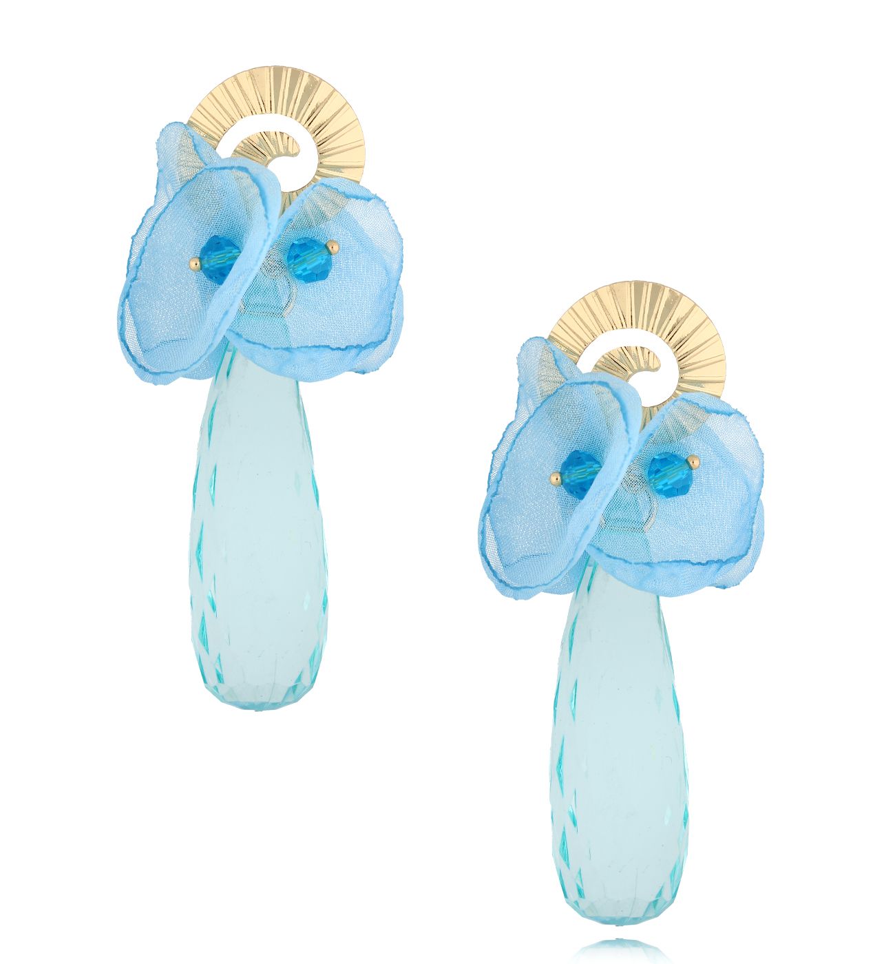 Kolczyki złote z błękitną tkaniną i kryształem Maxentia KBL1851