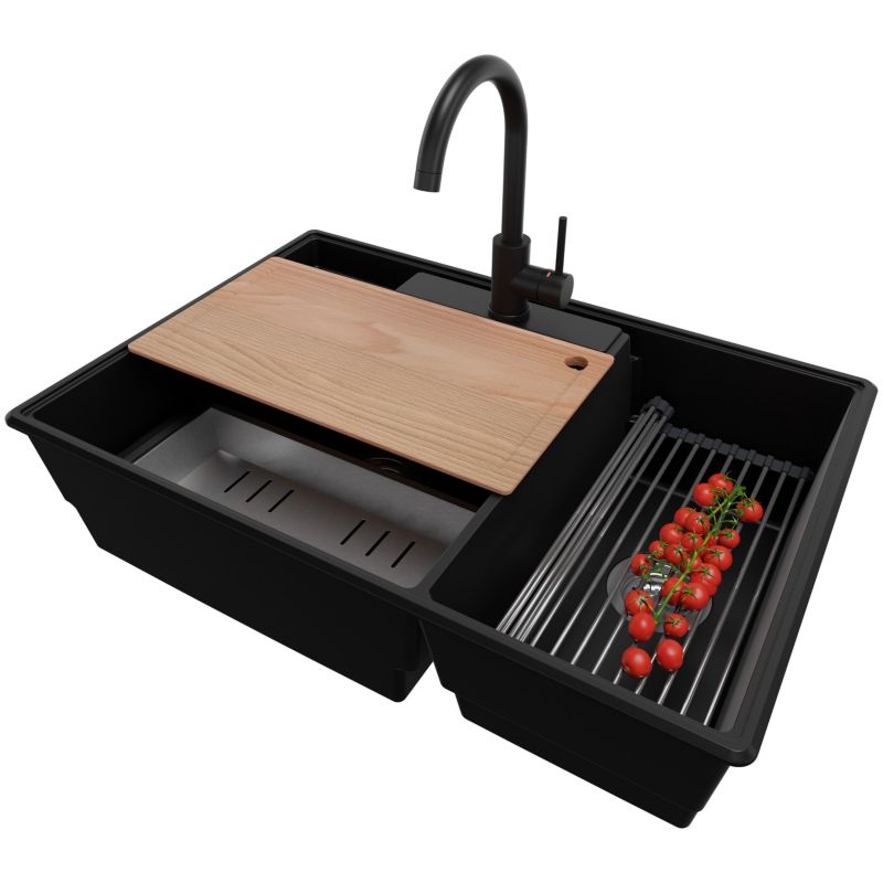 Zlewozmywak Granitowy Paryż PRIMAGRAN Nablatowy 78x53cm do szafki od 80cm, Czarny + Bateria + Syfon + Akcesoria, S041, 1 szt.