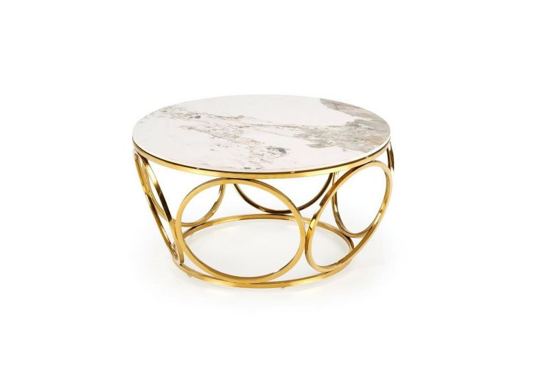 Stolik kawowy okrągły Deyn INTESI biały marmur złoty nowoczesny glamour do salonu 80 cm 1 szt.