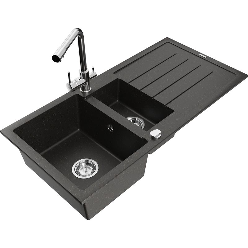 Zlewozmywak granitowy 1.5-komorowy Mexen Andres z ociekaczem i baterią kuchenną Duero czarny/złoty 6515-75-671600-00