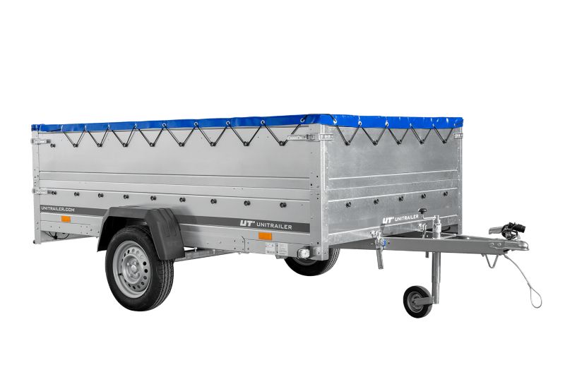 Przyczepka samochodowa Unitrailer na resorach 264x150 GARDEN 265/R KIPP z burtami BIS, stelażem H-0 i pokrowcem niebieskim 1 szt.