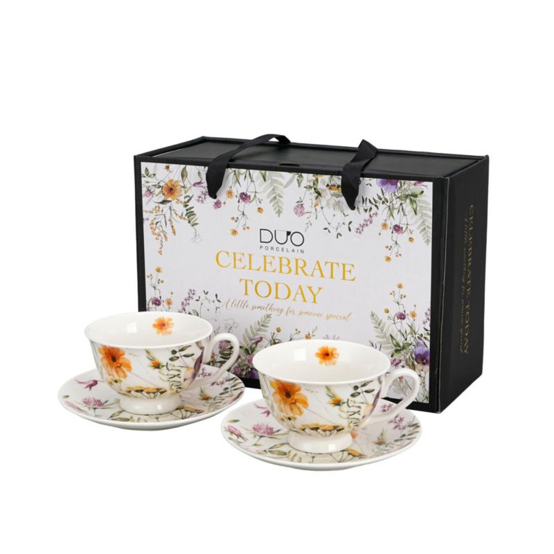 Zestaw filiżanek Pansy DUO porcelanowe eleganckie ze spodkami 2 szt.