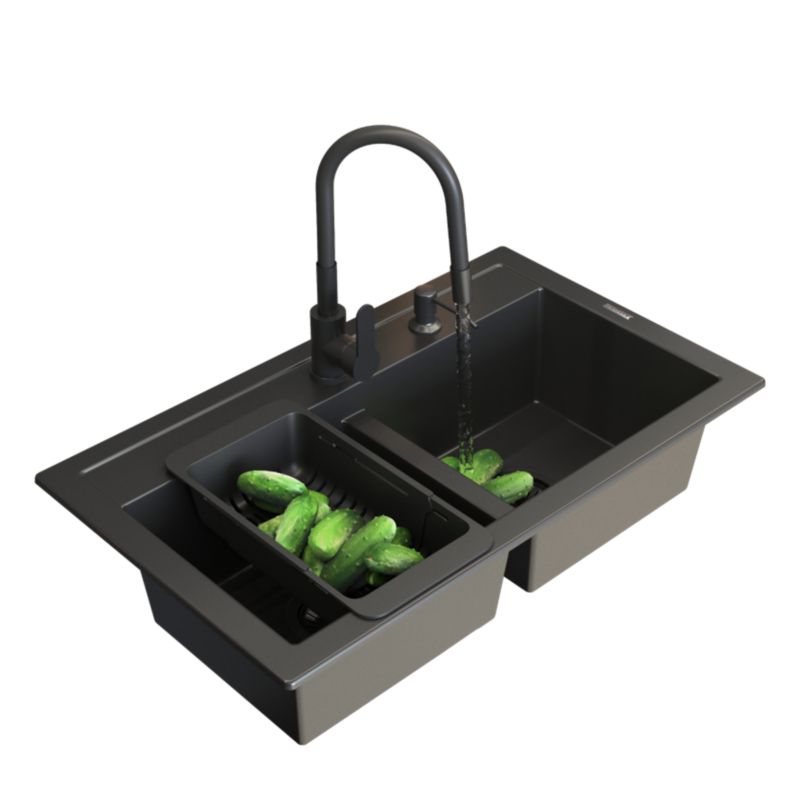 Zlewozmywak Dwukomorowy Granitowy Granitan Duet Czarny Bateria Grado Koszyk Syfon 1 kpl.