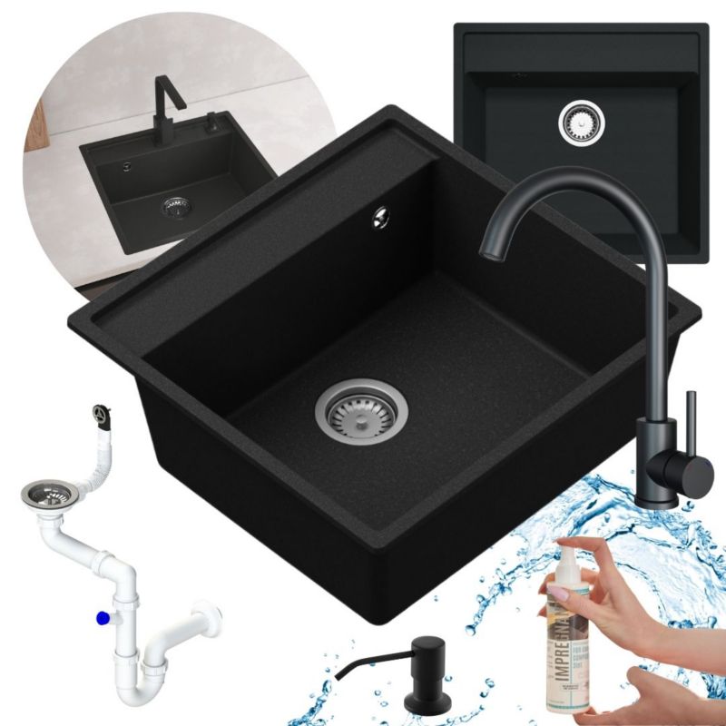 Zestaw kuchenny zlewozmywak GranMaster Magma 1-komorowy bez ociekacza, syfonem, dozownikiem płynu, baterią, czarny metalik 1szt.
