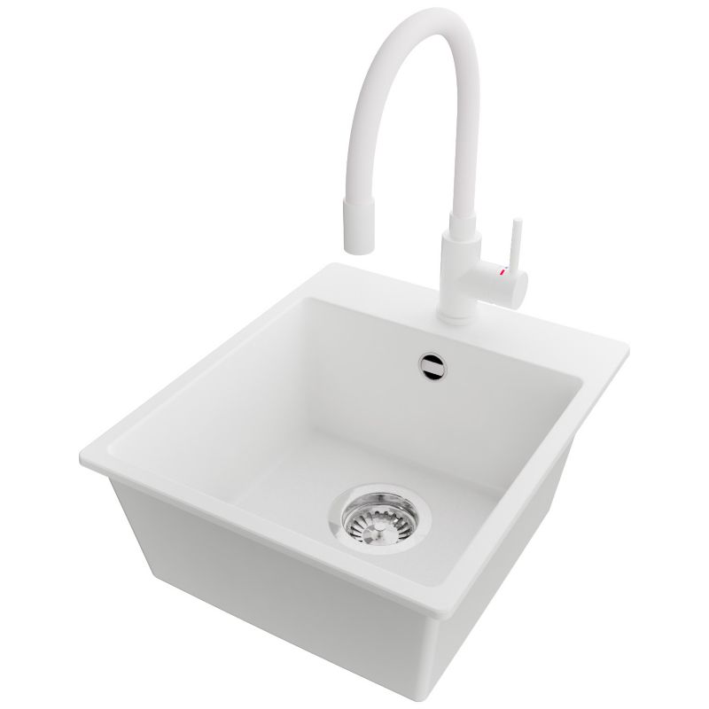 Zlewozmywak Granitowy Ryga Easy PRIMAGRAN Nablatowy 38x44cm do szafki od 40cm, Biały + Bateria 38x14cm + Syfon, S029, 1 szt.