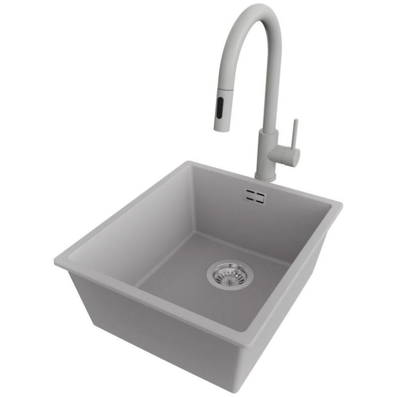 Zlewozmywak podblatowy Londyn PRIMAGRAN 41x47cm do szafki od 45cm, Szary + Bateria 40x20cm + Syfon, S139, 1 szt.