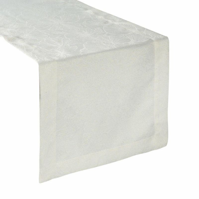 Bieżnik LILIAN Eurofirany 40 x 180 cm kremowy z wzorem liści z tkaniny przeplatanej złotą nicią i podwójną listwą 1 szt.