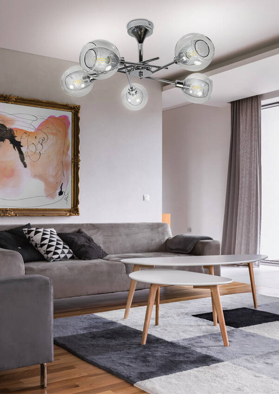 Srebrna lampa wisząca sufitowa żyrandol do salonu OZZO metal szkło