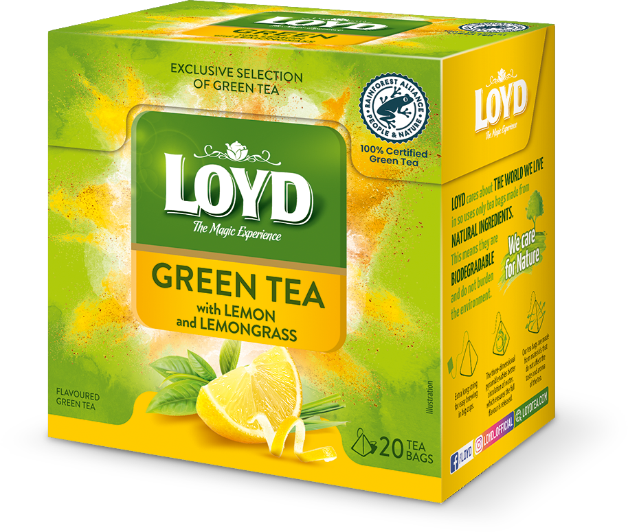 Herbata zielona smakowa w piramidkach Loyd, trawa cytrynowa/cytryna, 20 sztuk x 1.5g