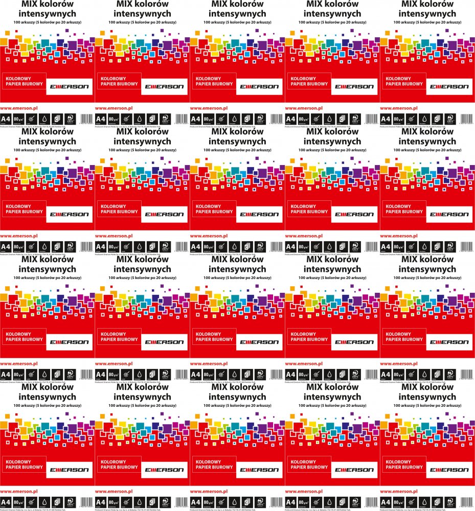 20x Papier kolorowy Emerson, A4, 80g/m2, 100 arkuszy, mix kolorów intensywnych 5x20 ark.