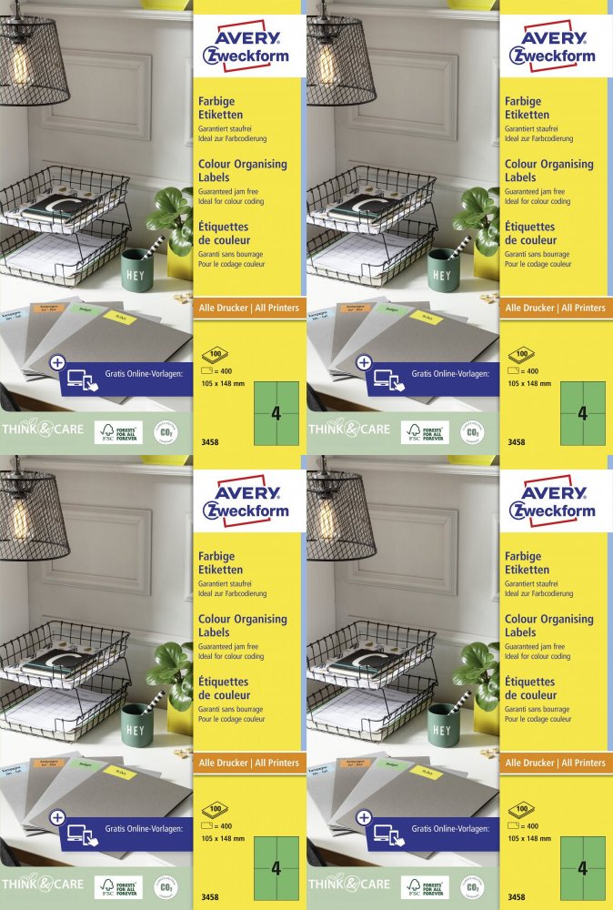 4x Etykiety Avery Zweckform, 105x148mm, trwałe, 100 arkuszy, zielony