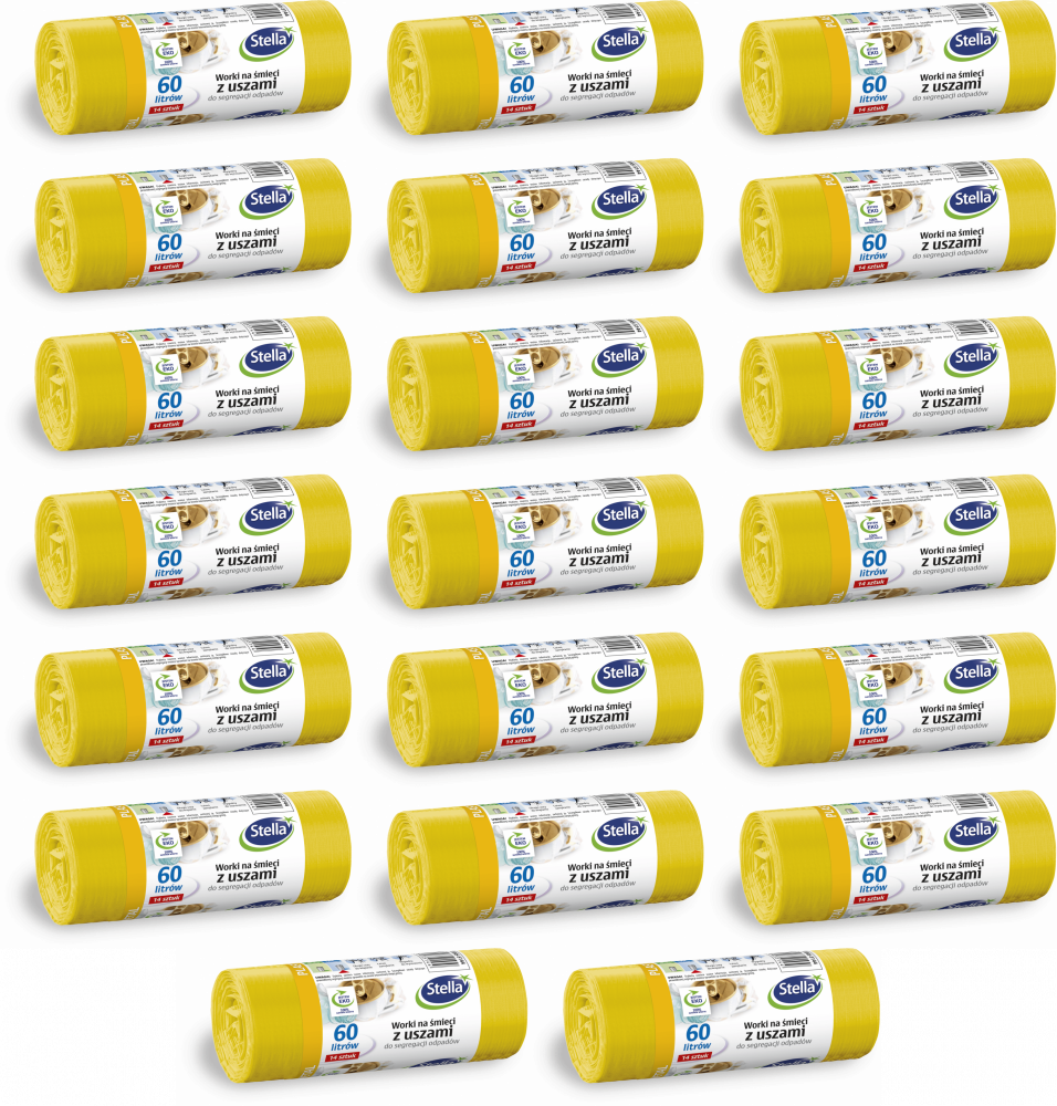 20x Worki na śmieci Stella, na metal/plastik, ekologiczne, 60l, 14 sztuk, żółty
