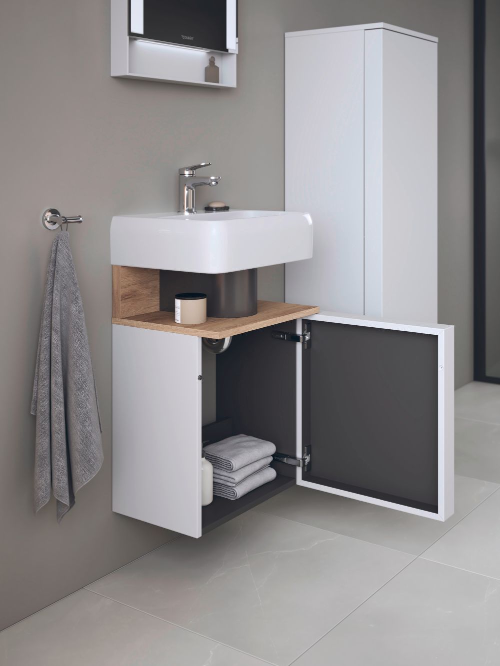 Duravit Qatego szafka 44 cm podumywalkowa wisząca lewa biały mat/jasne drewno QA4076L55180000