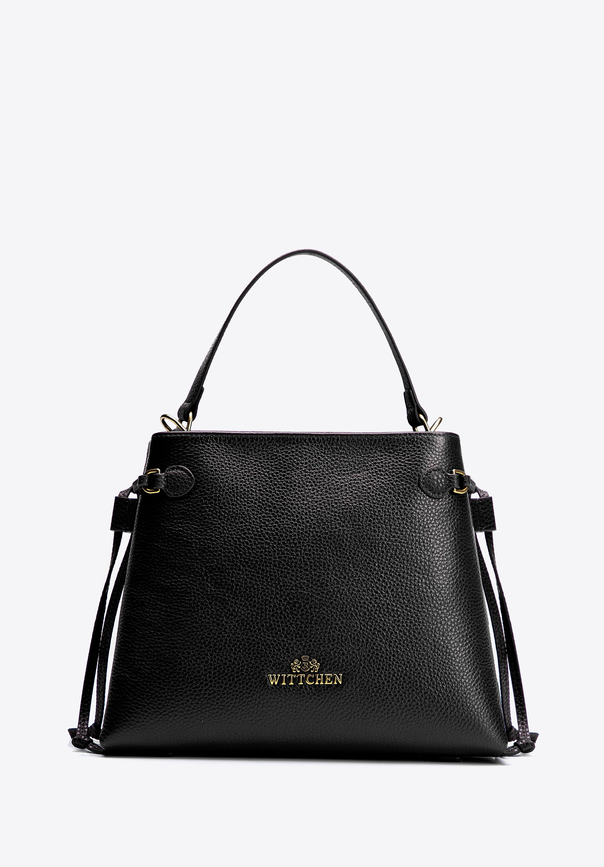 Damski kuferek ze skóry naturalnej z troczkami czarno - złoty